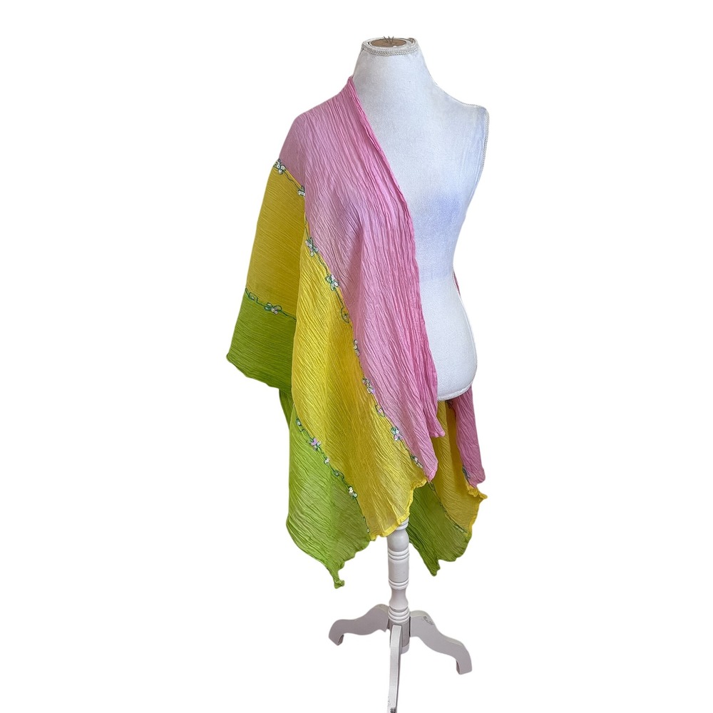 Boho Coastal Crinkle Sequin Embroidered Scarf Wrap Shawl Pink Yellow Green OS